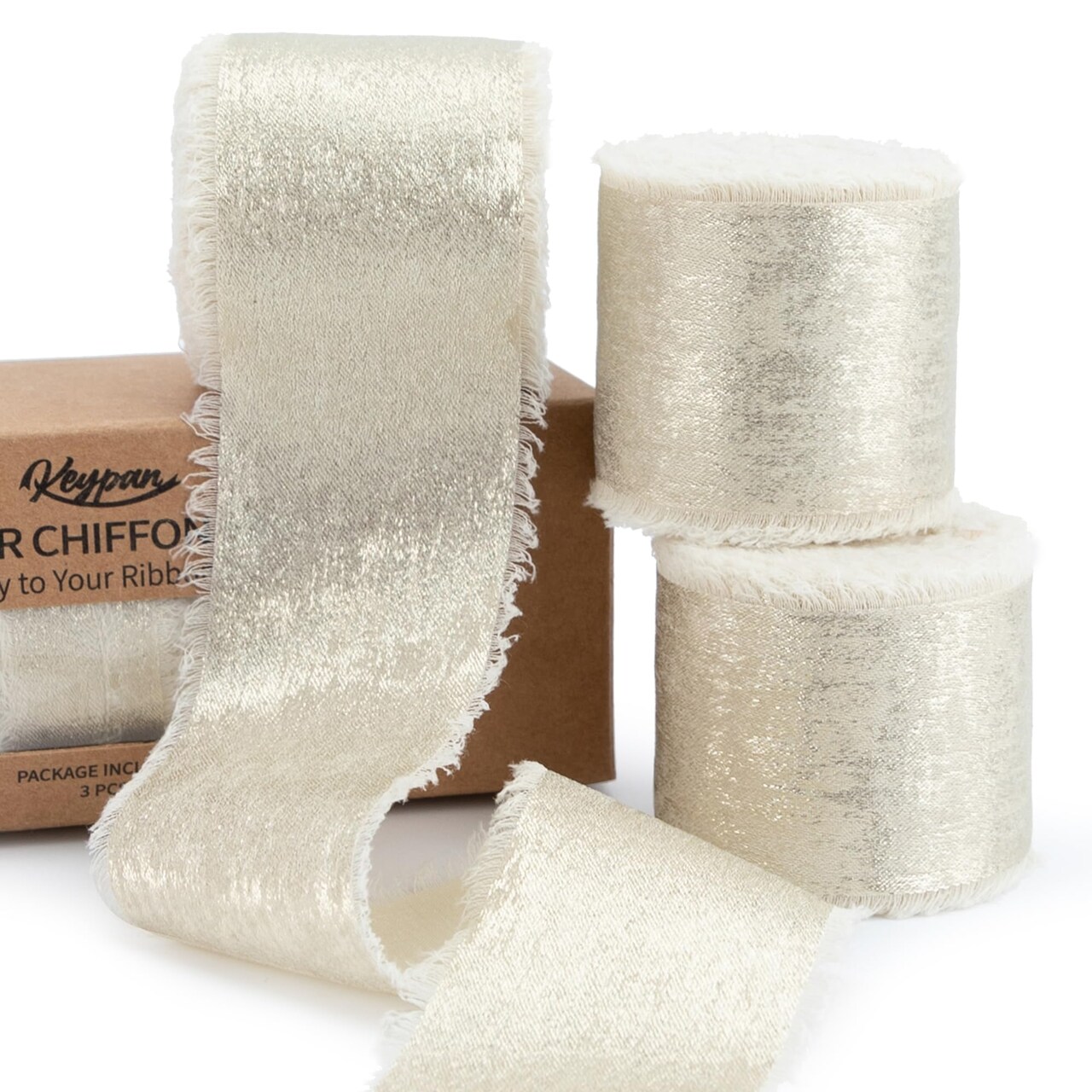 Champagne Gold Ribbon, Shimmery Chiffon Silk Ribbons Frayed Edge for Bridal Flower Bouquet Gift Wrapping Wedding Invitations Decor DIY Crafts 1.5" x 15 Yard 3 Rolls